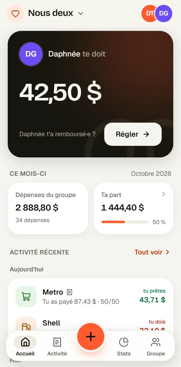 Accueil d'un groupe dans Kwitt : Daphnée te doit 42,50 $, dépenses du mois et activité récente