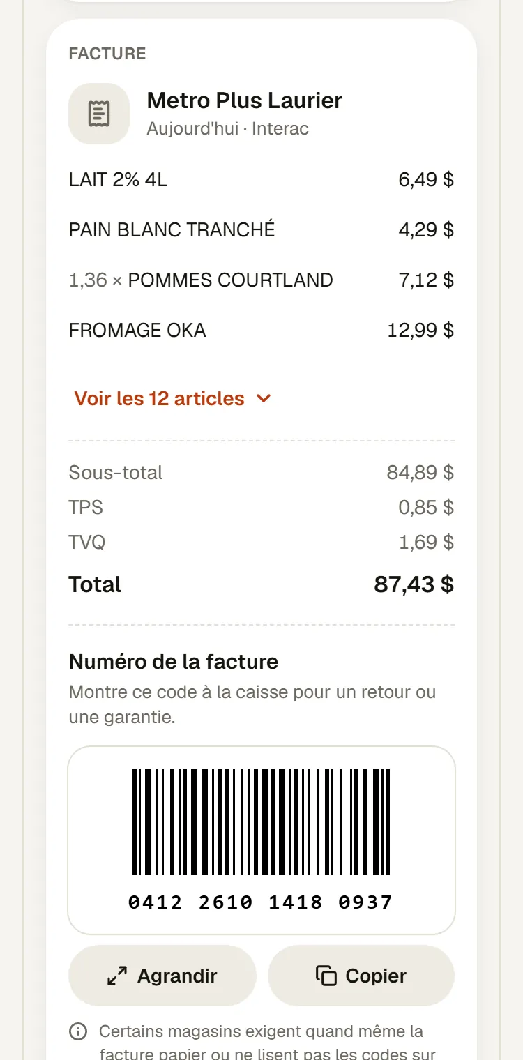 Facture lue par l'IA dans Kwitt : articles, sous-total, TPS et TVQ, et numéro de facture en code-barres à montrer à la caisse