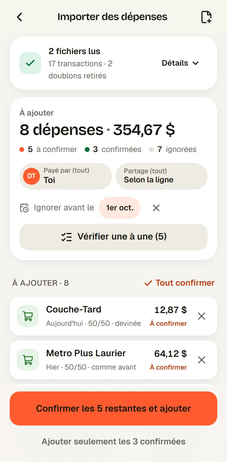 Import d'un relevé dans Kwitt : 8 dépenses à ajouter, préclassées d'après les habitudes du groupe