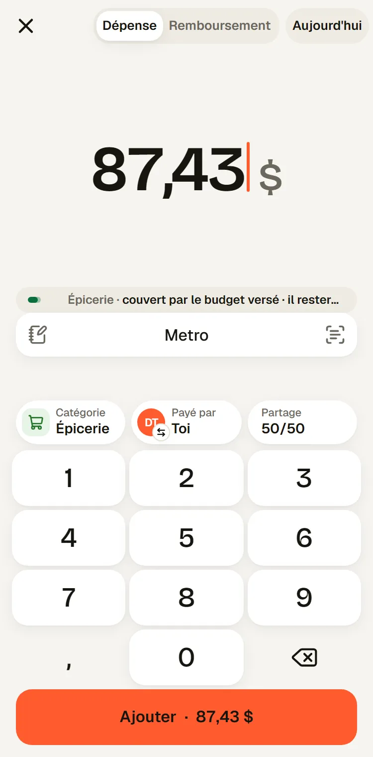 Saisie rapide d'une dépense dans Kwitt : 87,43 $ chez Metro, catégorie Épicerie, partage 50/50 et pavé numérique